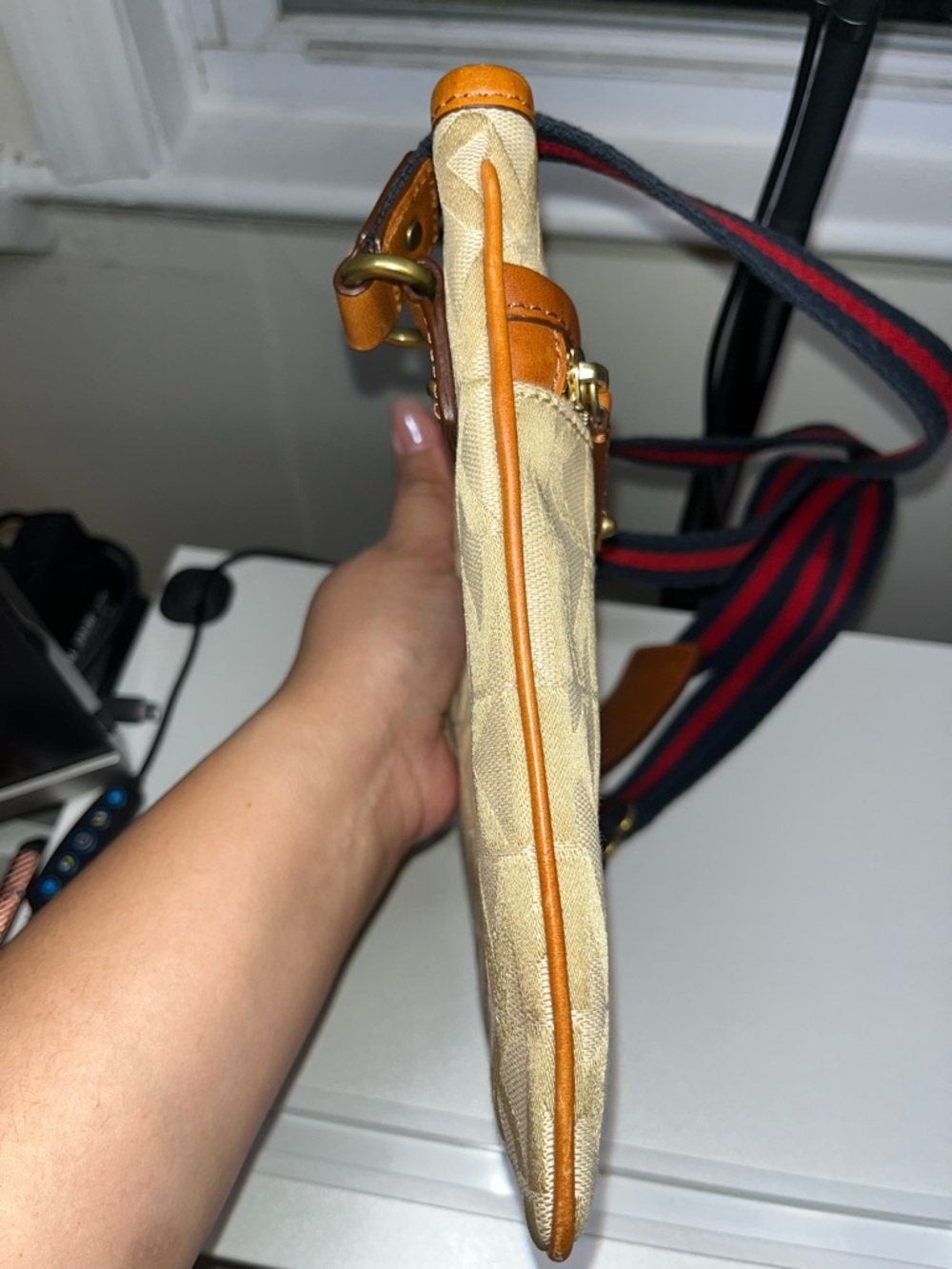 Michael Kors Beige MK Monogram Crossbody with Brown Trim and Black-Red Strap - Picture 4 of 9